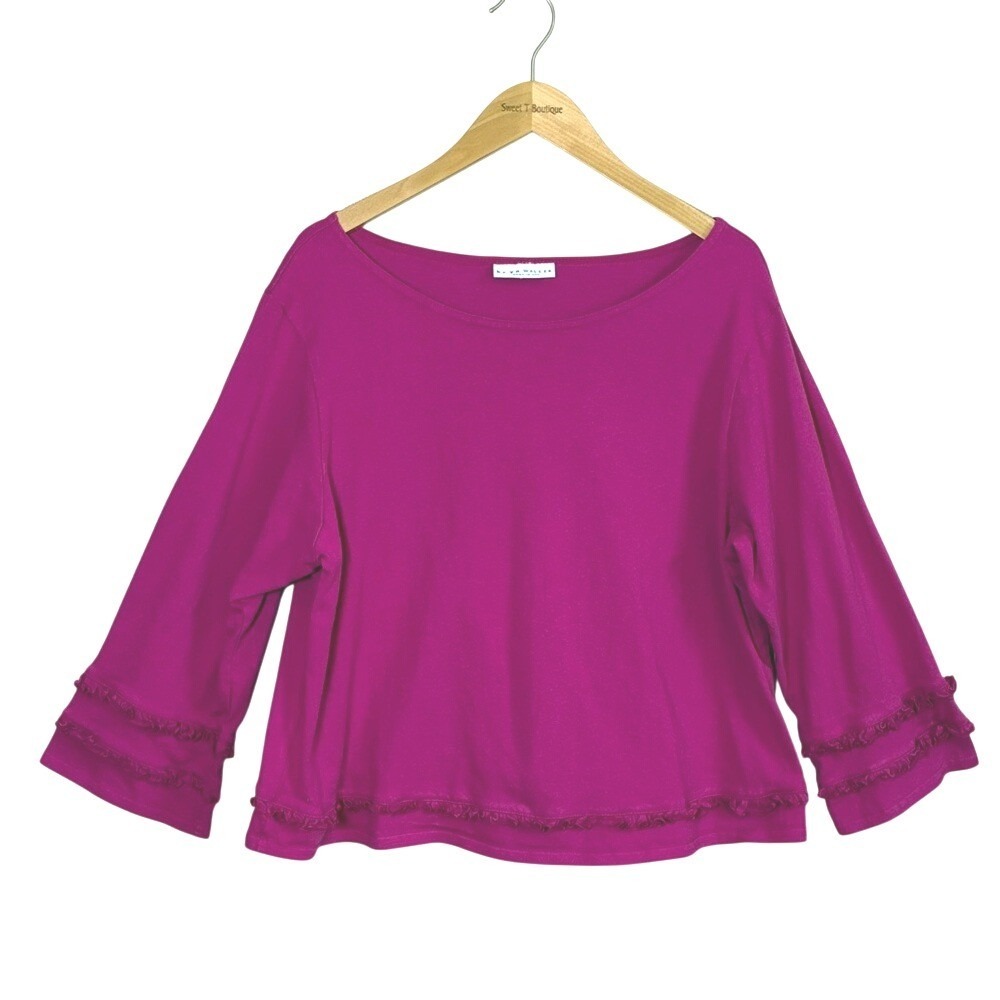 BRYN WALKER XL Dark Pink 100% Cotton Ruffle Trim‎ Boxy Fit Lagenlook Top USA